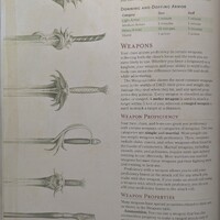 A photograph of page 146 of the 5th Edition Player's Handbook, depicting multiple illustrations of fantasy weaponry such as axes, swords, and bludgeoning weapons.