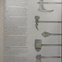 A photograph of page 147 of the 5th Edition Player's Handbook, depicting multiple illustrations of fantasy weaponry such as axes, swords, and bludgeoning weapons; a continuation of what is on page 146.