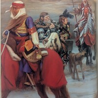 A photograph of page 156 of the 5th Edition Player's Handbook, depicting an illustration a party of heroes with weapons and armour. Two are on horseback and two are seated in the back of a horse-drawn wagon. They are accompanied by a dog and a raven.