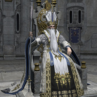 A screenshot from Final Fantasy 14 of Archbishop Thordan VII, he is seated in a throne with a large staff in his hand.