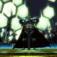 A screenshot from Final Fantasy 14 showing King Thordan VII surronded by his knights of the round. 