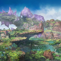 A illustration of the region Thavnair from Final Fantasy 14. It is a bright colorful and tropical region, there's a city on a cliff with a large purple crystal behind it. 