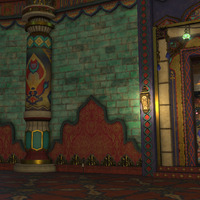 A screenshot from Final Fantasy 14 showing a colorful hallway in a city known as Radz-at-Han