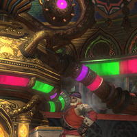 A screenshot of a Hrothgar (Anthropomorphic cat) from Final Fantasy 14 in the city Radz-at-Han. There's a Hyur(human) woman staring at him and alchemical machines in the background.
