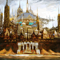 An illustration of the city Ul'dah from Final Fantasy 14. The city's entrance is in view with two flags in the front of the view. 