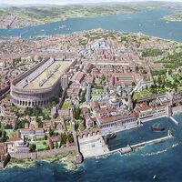 An illustration showcasing what the artist believed the city of Constantinople looked like. It shows a city on the water with boats pulling into the harbor. 