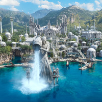 A screenshot from the Final Fantasy 14 trailer for the expansion Endwalker. It shows the city Sharlayan, with the harbor and a large statue pouring water in view. 