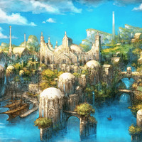 A illustration of the city Sharlayan from Final Fantasy 14. The city is on the water with boats docked in the harbor and a large statue with an ewer pouring out water is prominently in view. 