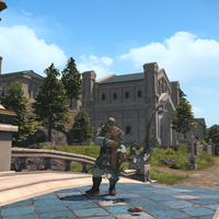 A screenshot from the game Final Fantasy 14 showing a Hrothgar (anthropomorphic cat) holding a bow standing in the city Sharlayan. 