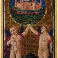 two angels hold up an orb in the sky that shows a castle 