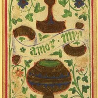two dark brown cups float over a tan floral with the words "amor mya"
