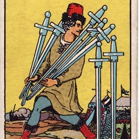 A man holds five swords in his arms with two behind him, all in front of a yellow background
