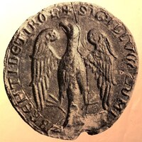 Medieval seal featuring an eagle representing the Counts of Tirol. A stylistic eagle is displayed on the seal. Monochromatic.