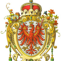 Colorfully designed coat of arms symbol that represents the Counts of Tyrol. Detailed drawing of an eagle and other imagery such as tassels and flowers. A royal crown tops the symmetrical design. 